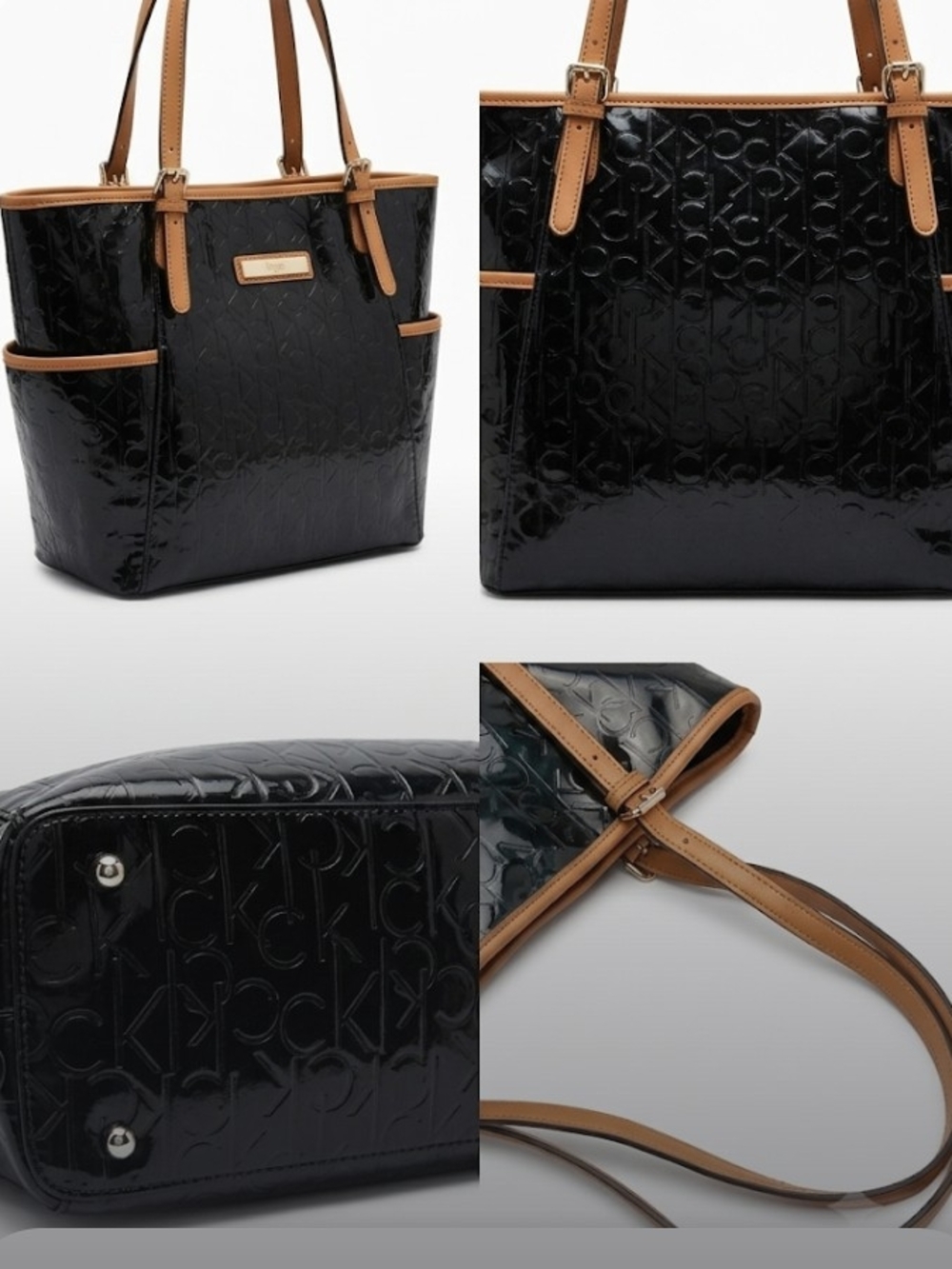 Calvin Klein Black Patent Tote with Tan Trim